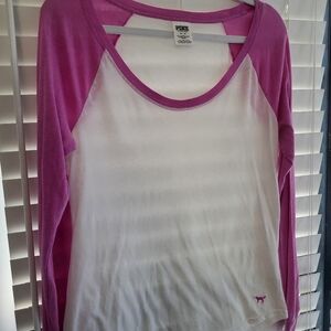 PINK Victoria's Secret Women's White and Pink Long Sleeve Top